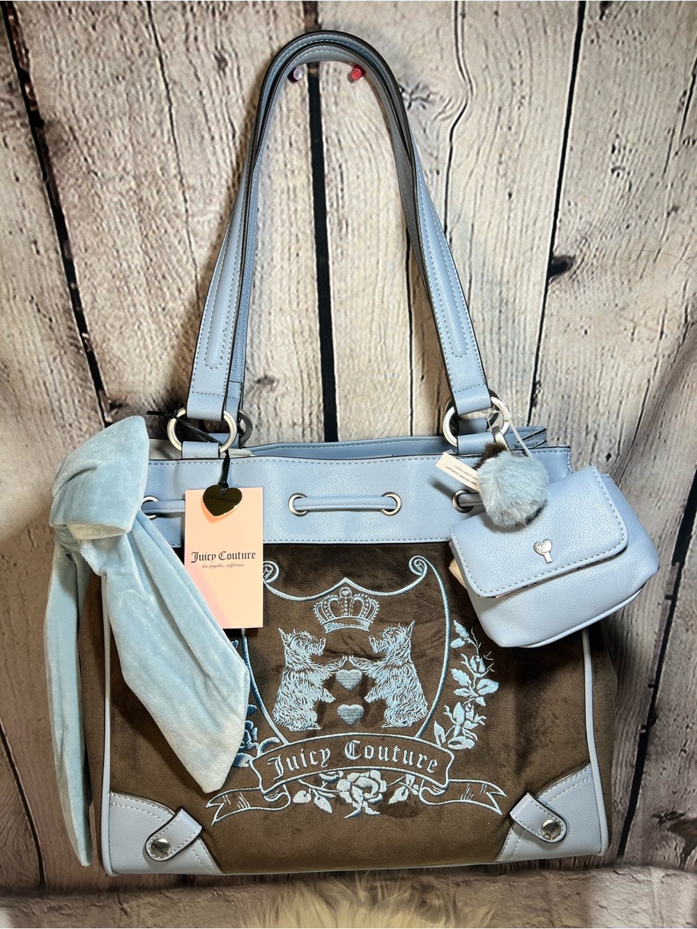 Juicy Couture Light Blue and Brown Crest Tote with Bow and Pouch